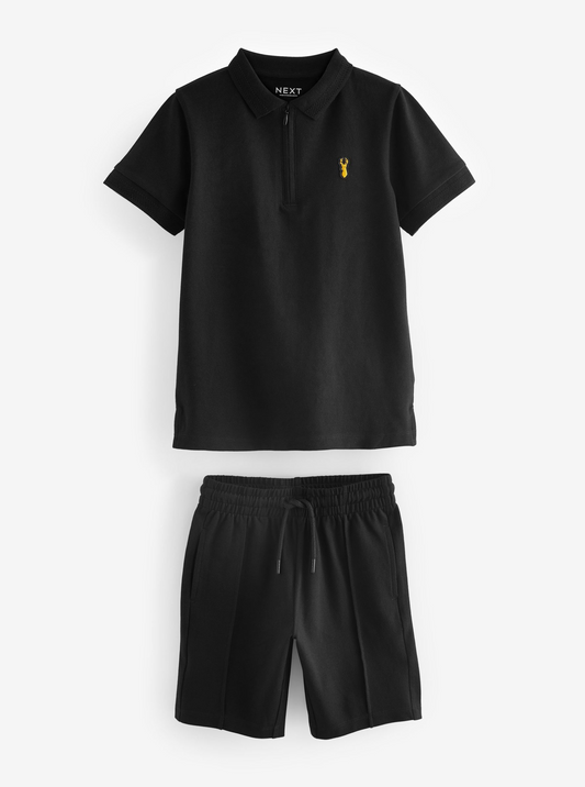 Next Black Zip Neck Polo Shirt & Short Set