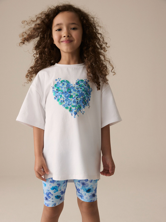 Sequin Heart T-Shirt & Cycling Shorts Set