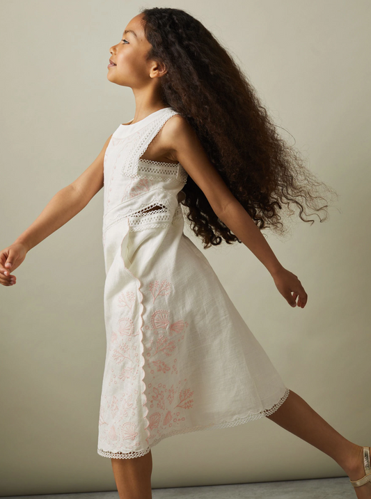 Reiss White Embroidered Midi Dress