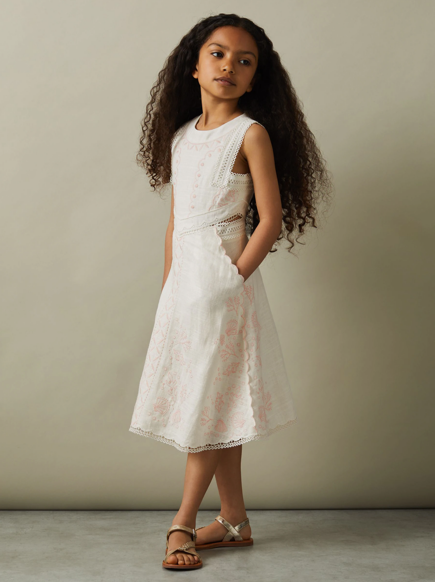 Reiss White Embroidered Midi Dress