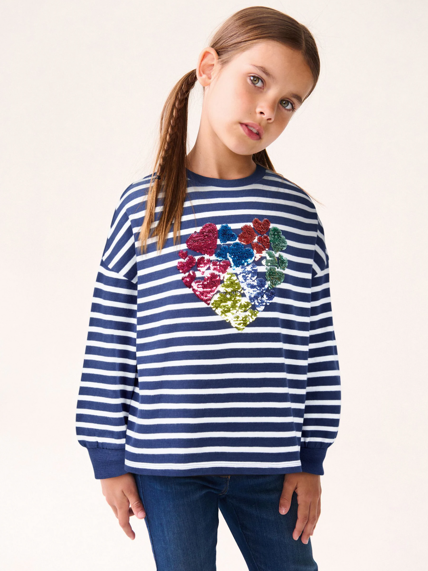 Next Striped Cotton Long T-Shit with Sequin Heart