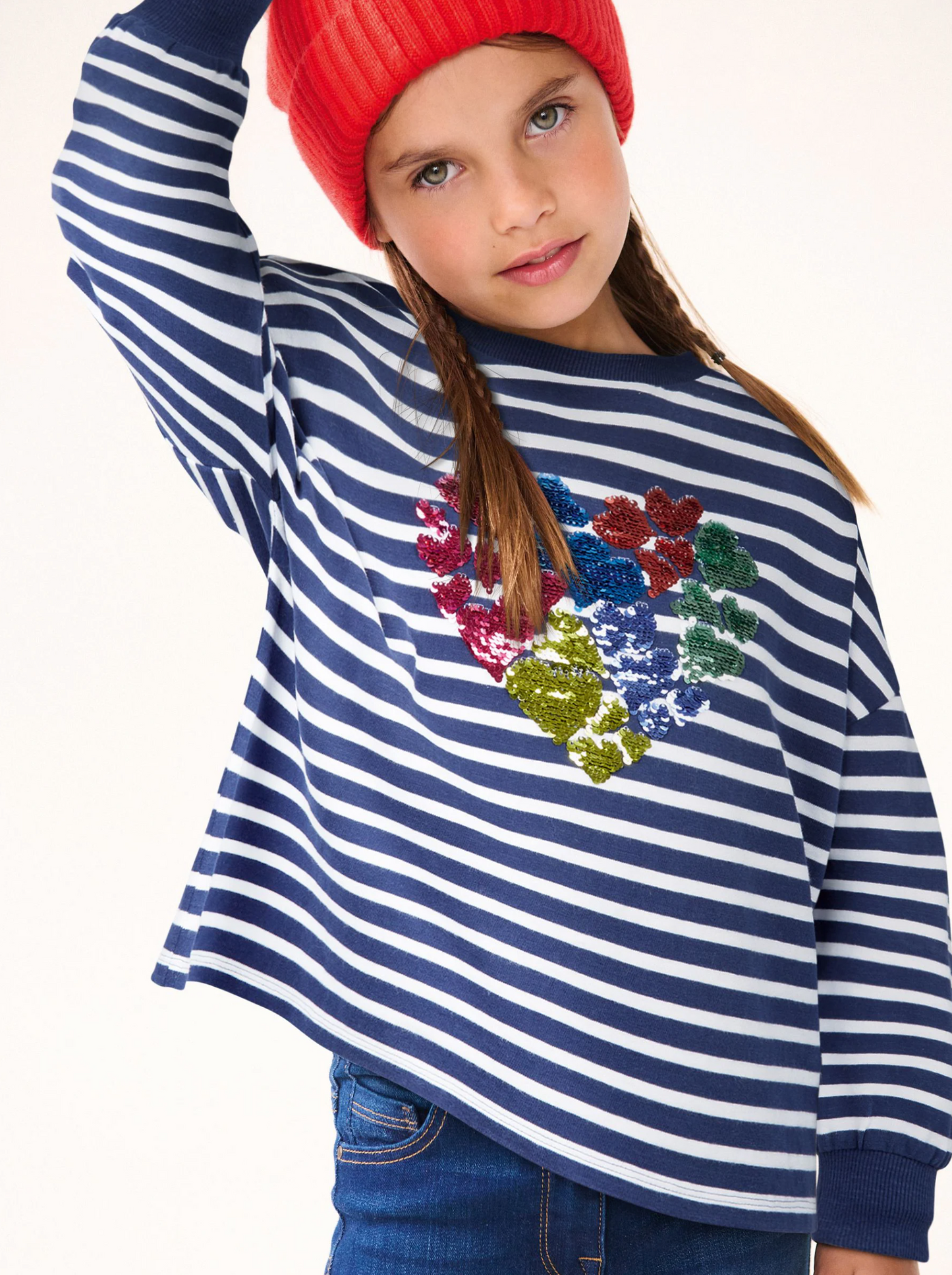 Next Striped Cotton Long T-Shit with Sequin Heart